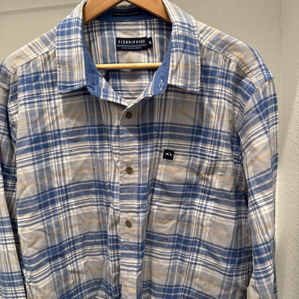 Fish Hippie Flannel Shirt Mens XL Blue Plaid Rumfront Collection Long Sleeve